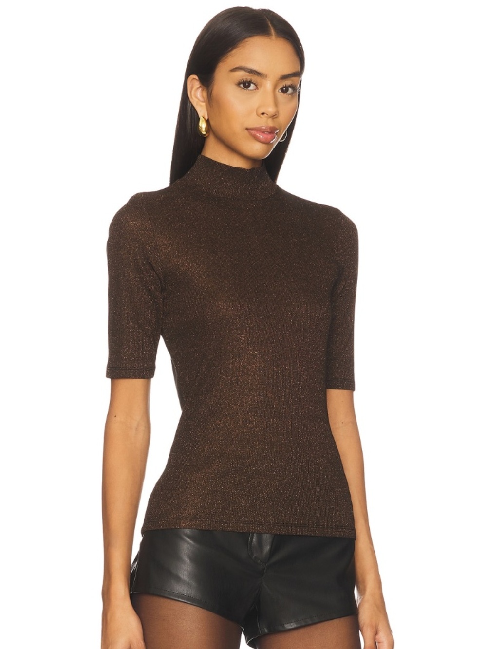 NWT FRAME Lurex Turtle/mockneck Tee Americano Brown Metallic Knit Top Size M - Picture 3 of 14